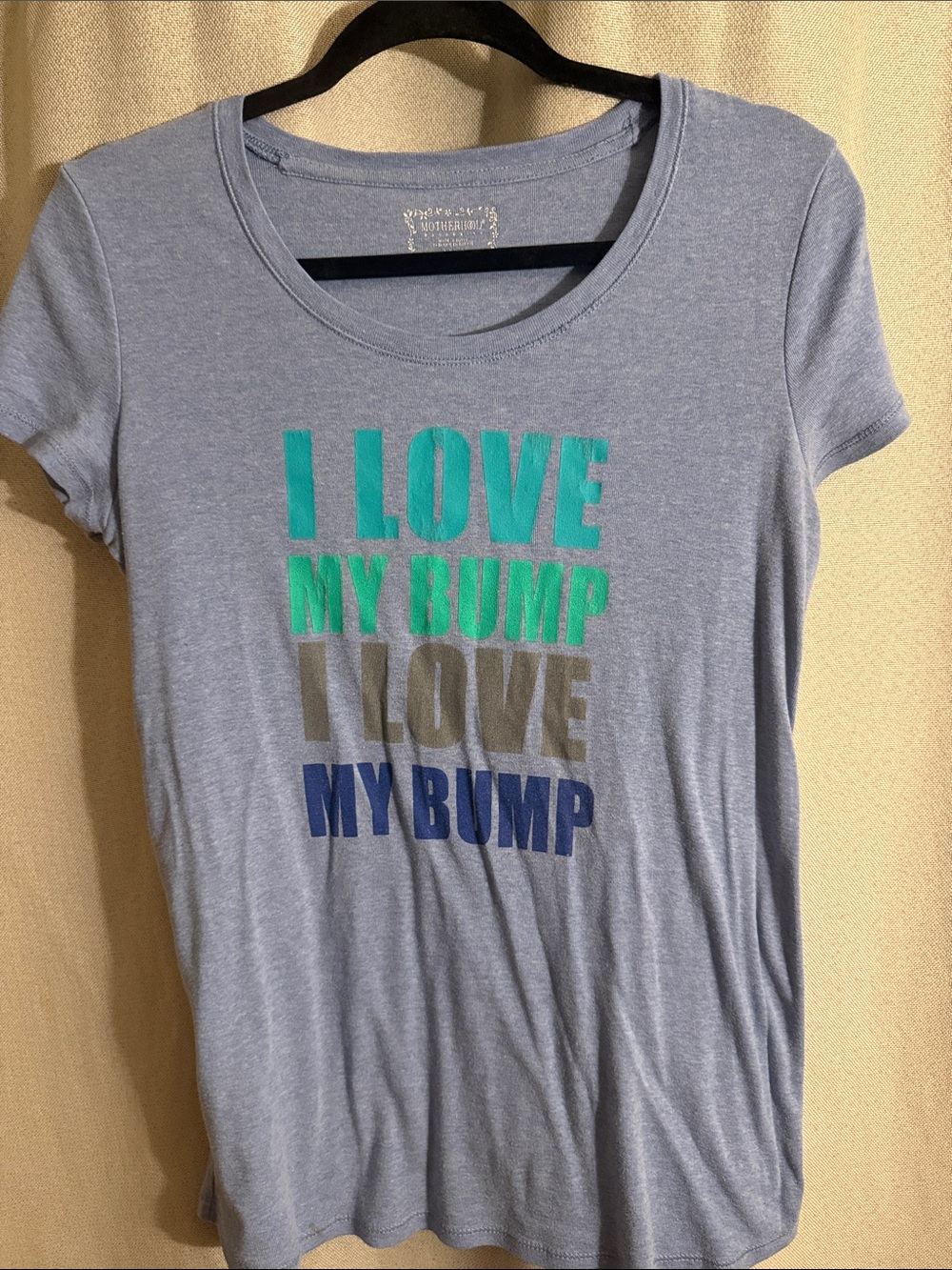 Motherhood Maternity light blue Top with White Label Print
